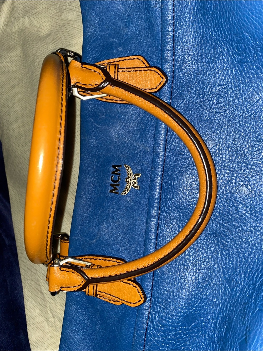 MCM Visetos Logogramme Blue Leather Satchel with Tan Handles and Gold Hardware - Picture 12 of 14
